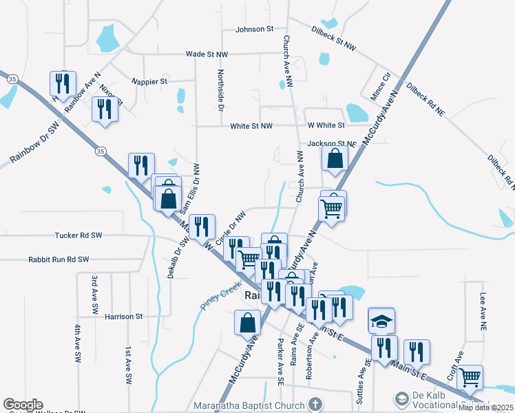 map of restaurants, bars, coffee shops, grocery stores, and more near 227 Circle Drive Northwest in Rainsville