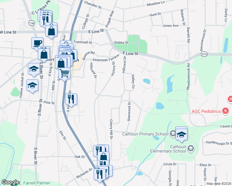 map of restaurants, bars, coffee shops, grocery stores, and more near 205 Hillcrest Dr in Calhoun