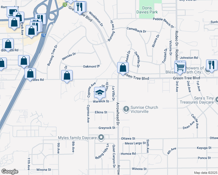 map of restaurants, bars, coffee shops, grocery stores, and more near 16037 Arroyo Drive in Victorville