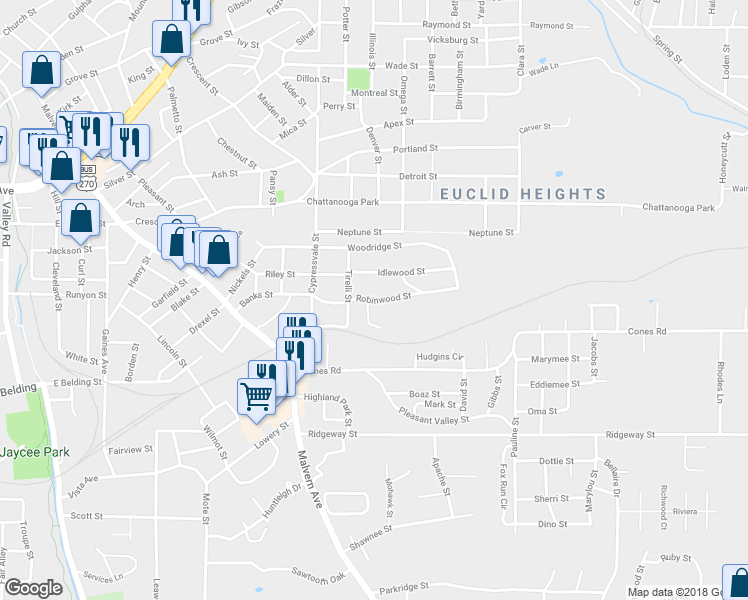 map of restaurants, bars, coffee shops, grocery stores, and more near 215 Robinwood Street in Hot Springs