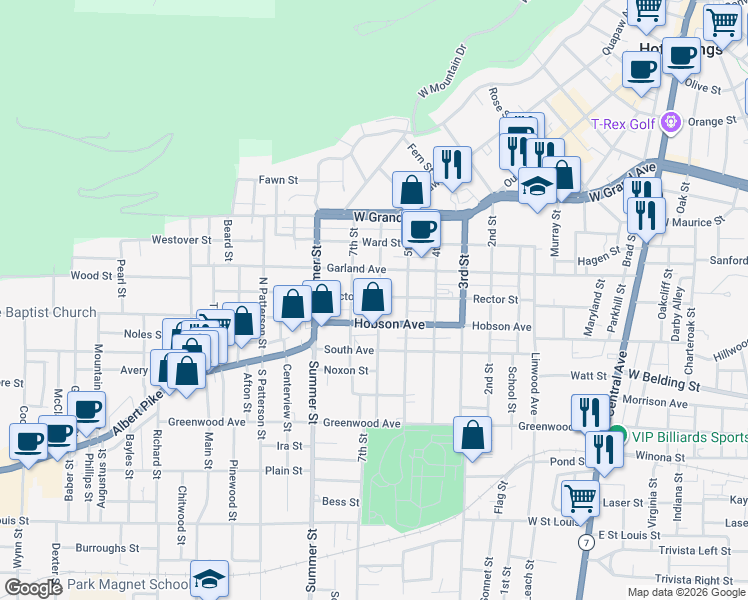map of restaurants, bars, coffee shops, grocery stores, and more near 409 6th Street in Hot Springs