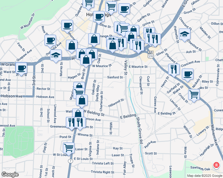 map of restaurants, bars, coffee shops, grocery stores, and more near 112 Forest Park Place in Hot Springs