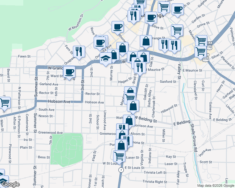map of restaurants, bars, coffee shops, grocery stores, and more near 205 Maryland Street in Hot Springs