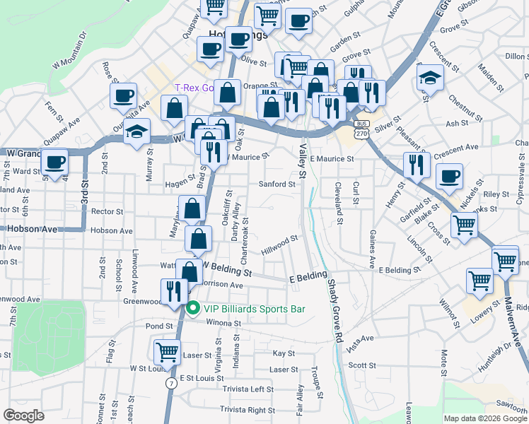 map of restaurants, bars, coffee shops, grocery stores, and more near 112 Forest Park Place in Hot Springs
