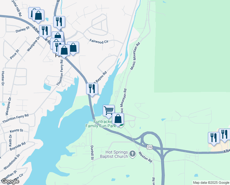 map of restaurants, bars, coffee shops, grocery stores, and more near 223 Ledgerock Road in Hot Springs