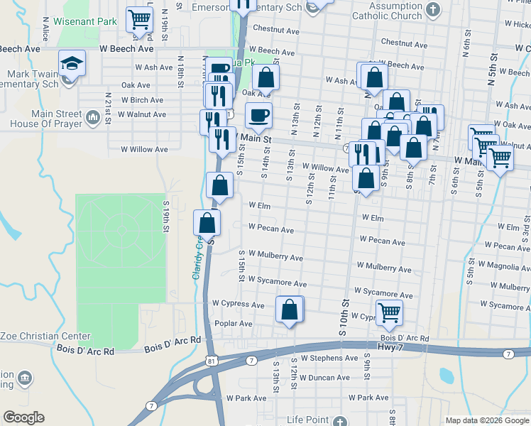 map of restaurants, bars, coffee shops, grocery stores, and more near 1307 West Pecan Avenue in Duncan