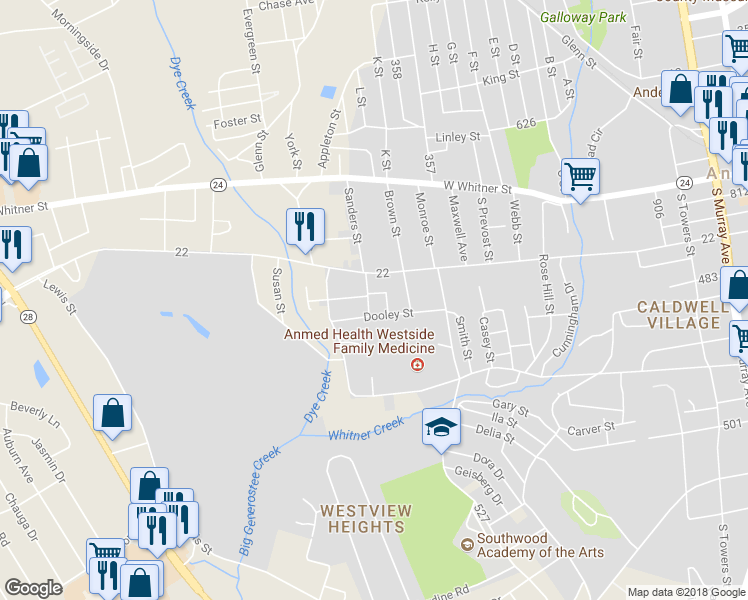 map of restaurants, bars, coffee shops, grocery stores, and more near 407 Sanders Street in Anderson