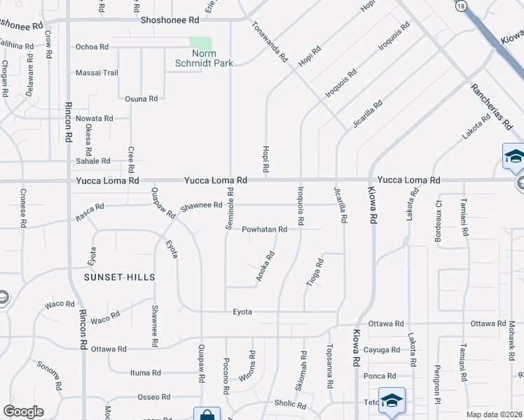 map of restaurants, bars, coffee shops, grocery stores, and more near 20635 Shawnee Road in Apple Valley