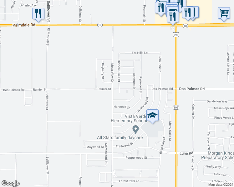 map of restaurants, bars, coffee shops, grocery stores, and more near 13678 Hidden Pines Court in Victorville