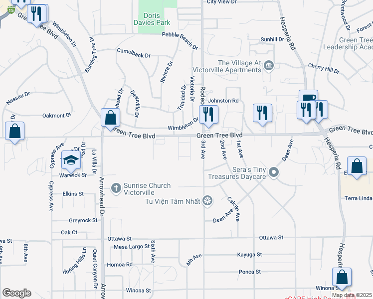 map of restaurants, bars, coffee shops, grocery stores, and more near 16465 Green Tree Boulevard in Victorville