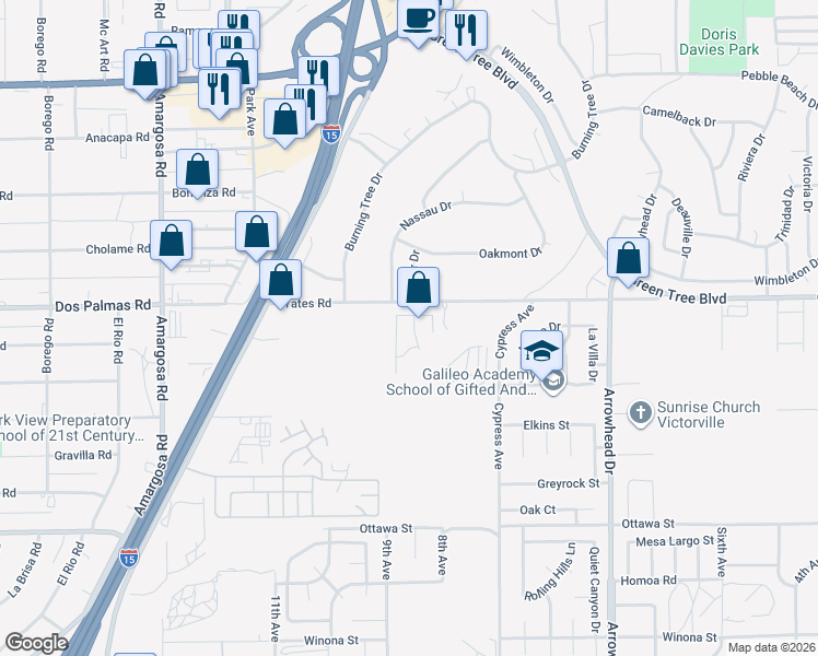 map of restaurants, bars, coffee shops, grocery stores, and more near 13654 Bel Air Drive in Victorville