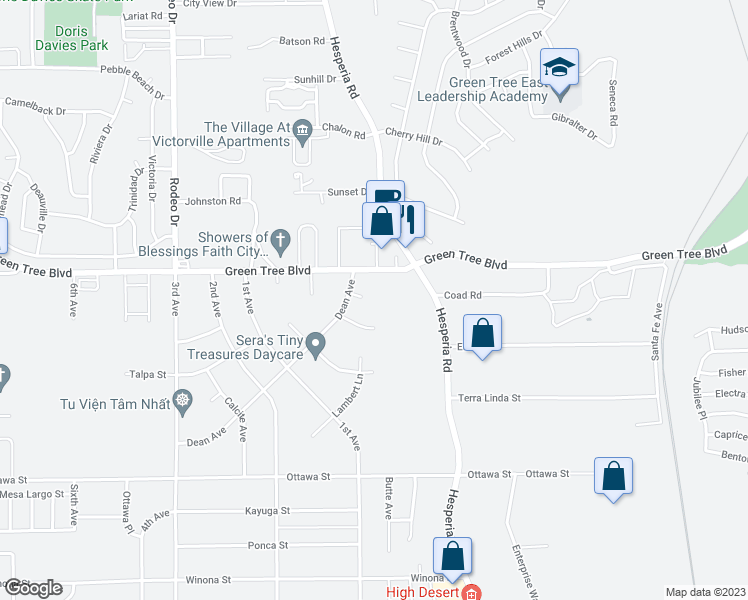 map of restaurants, bars, coffee shops, grocery stores, and more near 13655 Dean Place in Victorville