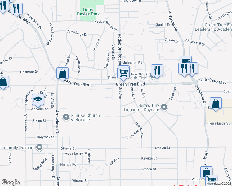 map of restaurants, bars, coffee shops, grocery stores, and more near 16473 Green Tree Boulevard in Victorville