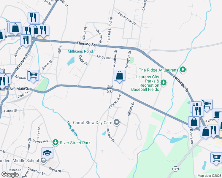 map of restaurants, bars, coffee shops, grocery stores, and more near 619 E Main St in Laurens