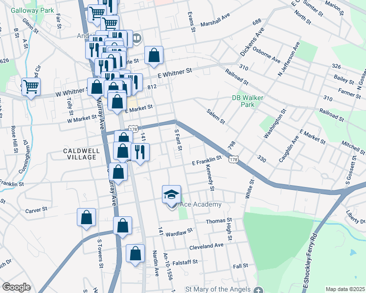 map of restaurants, bars, coffee shops, grocery stores, and more near 811 South Fant Street in Anderson