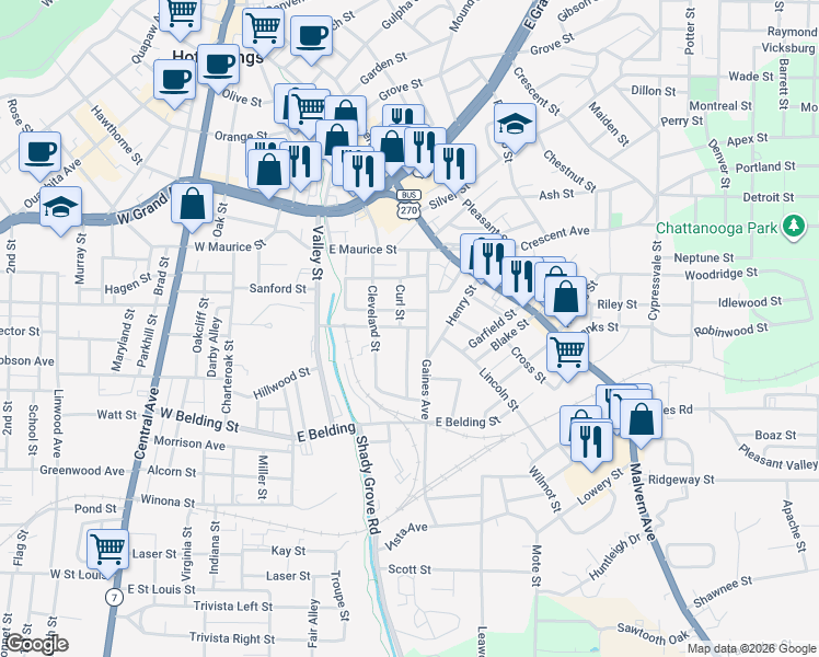 map of restaurants, bars, coffee shops, grocery stores, and more near 512 Gaines Avenue in Hot Springs