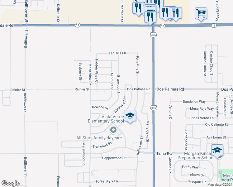 map of restaurants, bars, coffee shops, grocery stores, and more near 13678 Brynwood Road in Victorville