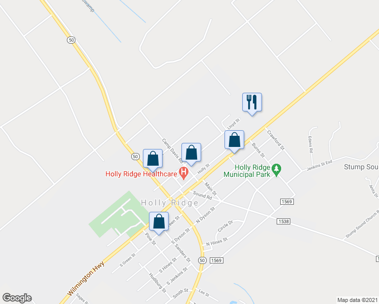 map of restaurants, bars, coffee shops, grocery stores, and more near 215 Lloyd Street in Holly Ridge
