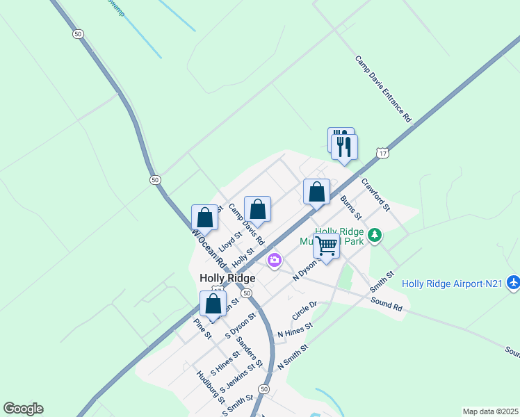 map of restaurants, bars, coffee shops, grocery stores, and more near 219 Lloyd Street in Surf City