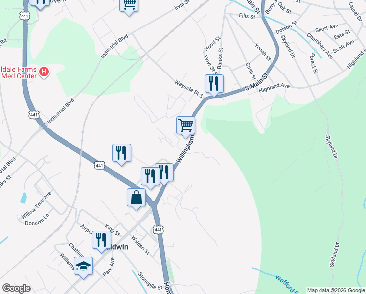 map of restaurants, bars, coffee shops, grocery stores, and more near 1667 Willingham Avenue in Cornelia