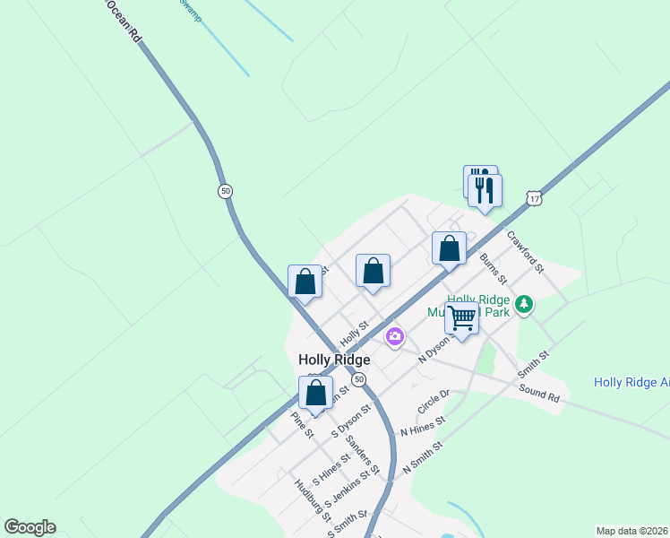 map of restaurants, bars, coffee shops, grocery stores, and more near 309 Camp Davis Road in Holly Ridge