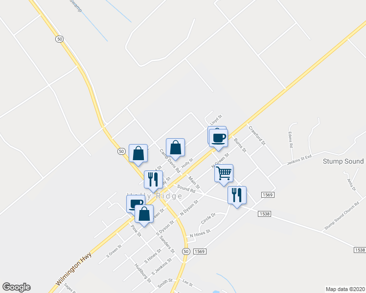 map of restaurants, bars, coffee shops, grocery stores, and more near 225 Lloyd Street in Holly Ridge