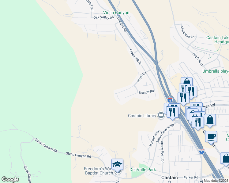 map of restaurants, bars, coffee shops, grocery stores, and more near 28405 Royal Road in Castaic