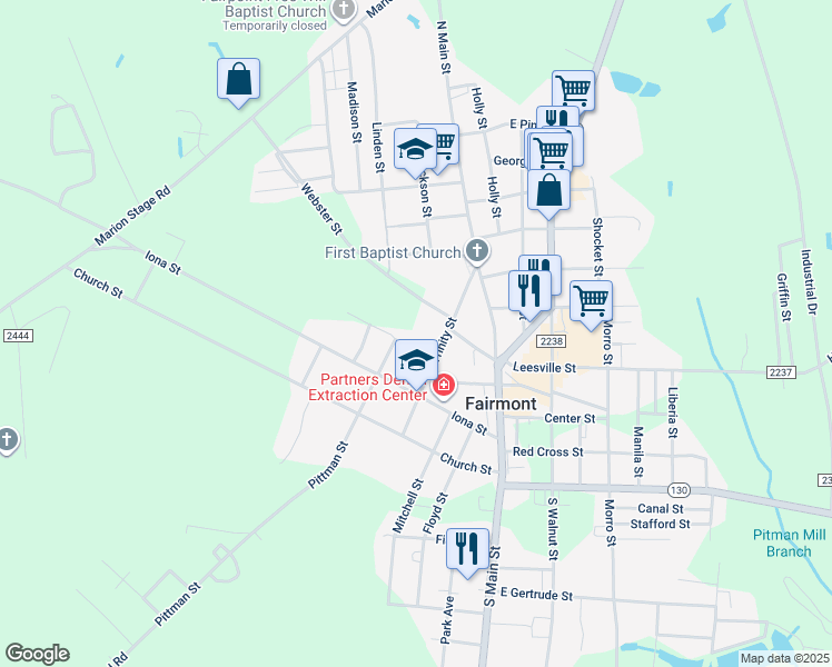 map of restaurants, bars, coffee shops, grocery stores, and more near 402 Iona Street in Fairmont