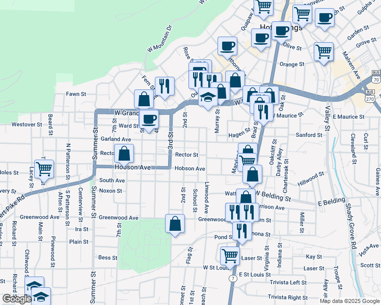 map of restaurants, bars, coffee shops, grocery stores, and more near 204 Rector Street in Hot Springs