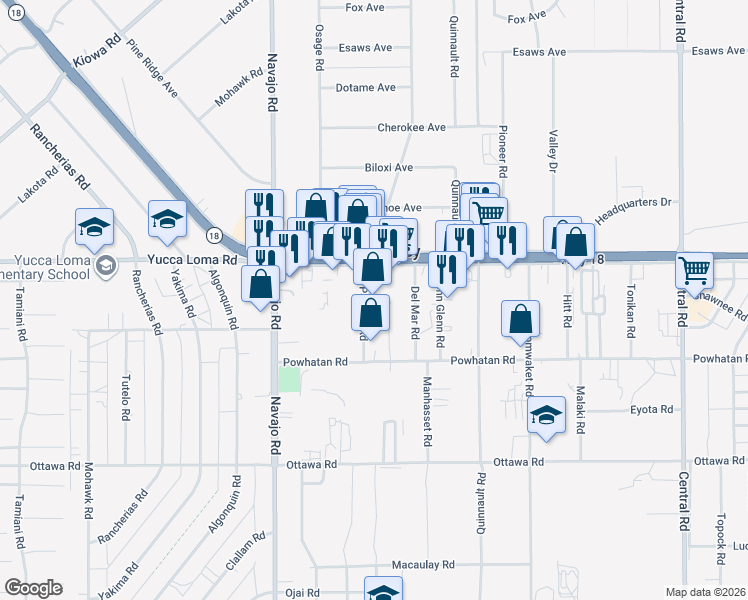 map of restaurants, bars, coffee shops, grocery stores, and more near 13631 Pawnee Road in Apple Valley