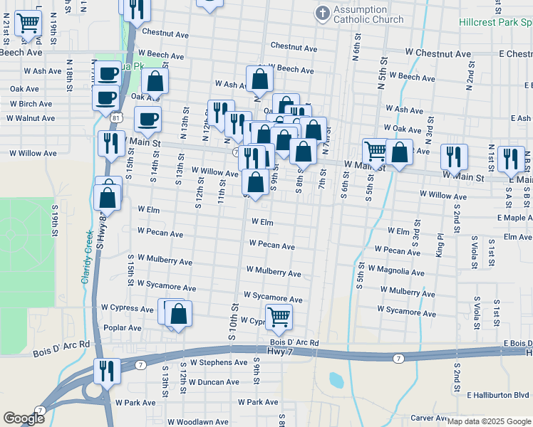 map of restaurants, bars, coffee shops, grocery stores, and more near 303 South 9th Street in Duncan
