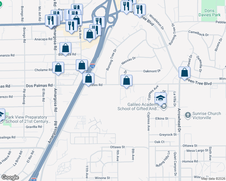 map of restaurants, bars, coffee shops, grocery stores, and more near 13632 Nassau Drive in Victorville