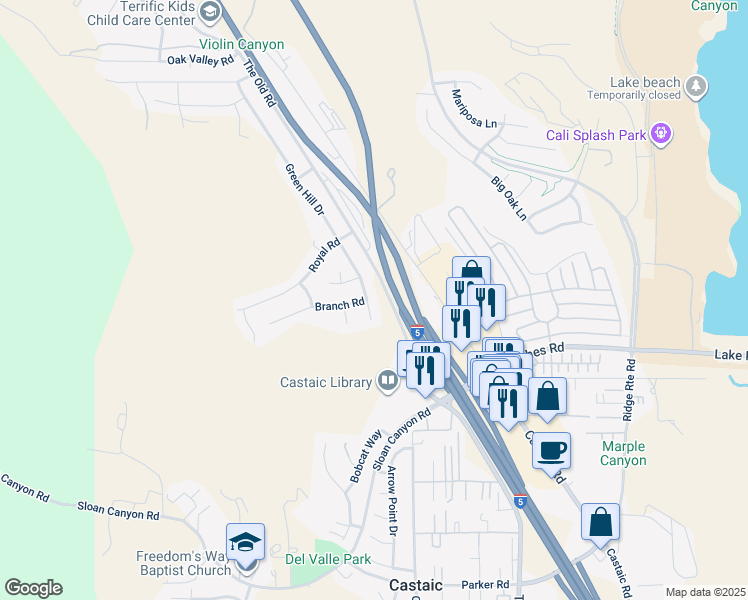map of restaurants, bars, coffee shops, grocery stores, and more near 31926 Green Hill Drive in Castaic