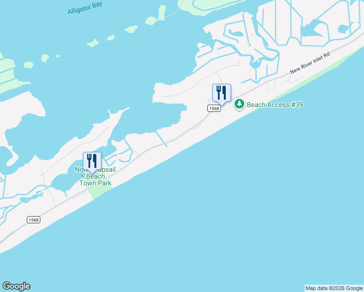 map of restaurants, bars, coffee shops, grocery stores, and more near 676 New River Inlet Road in North Topsail Beach