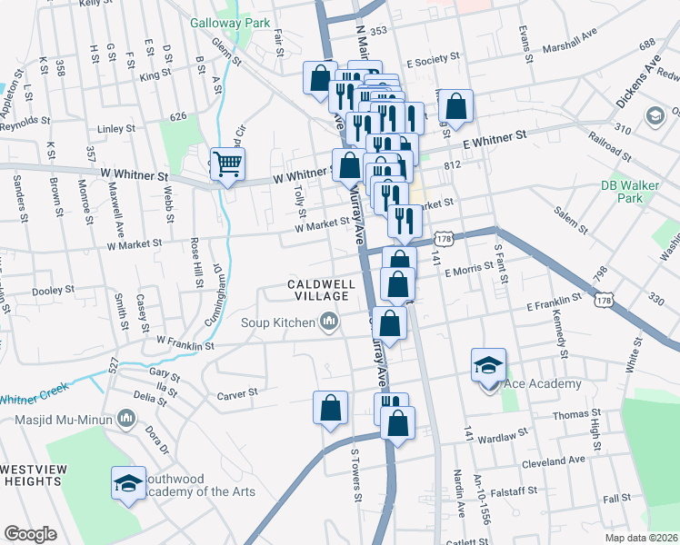 map of restaurants, bars, coffee shops, grocery stores, and more near in Anderson