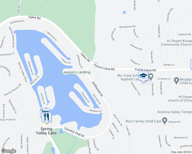 map of restaurants, bars, coffee shops, grocery stores, and more near 18475 Trout Lane in Victorville