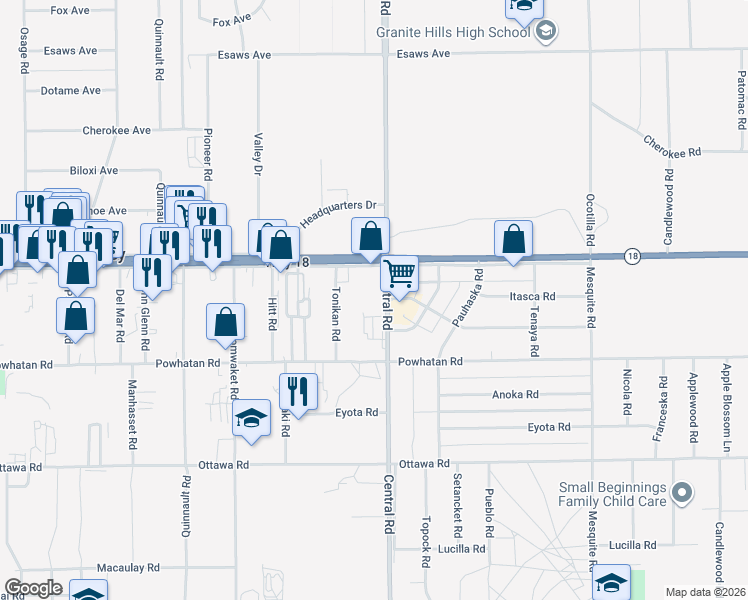 map of restaurants, bars, coffee shops, grocery stores, and more near 13584 Central Road in Apple Valley