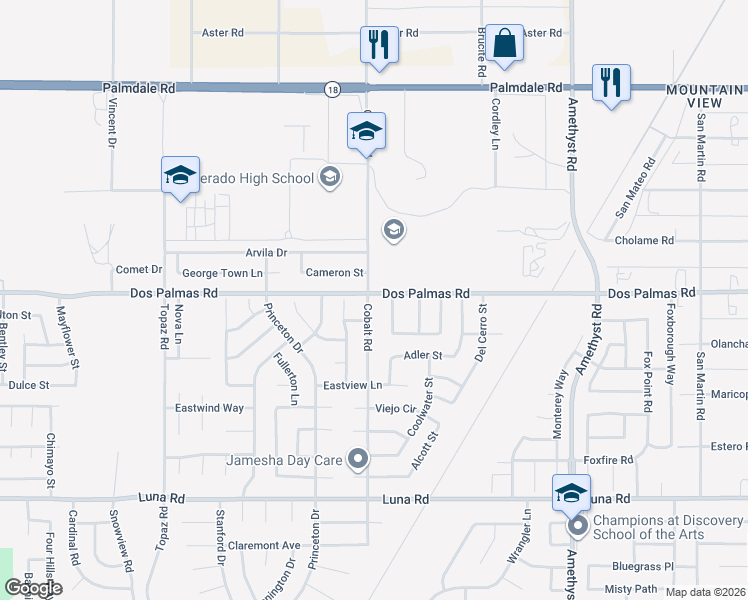 map of restaurants, bars, coffee shops, grocery stores, and more near 13691 Cobalt Road in Victorville
