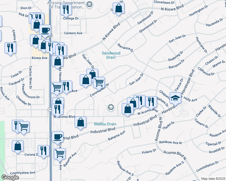 map of restaurants, bars, coffee shops, grocery stores, and more near 2034 San Juan Drive in Lake Havasu City