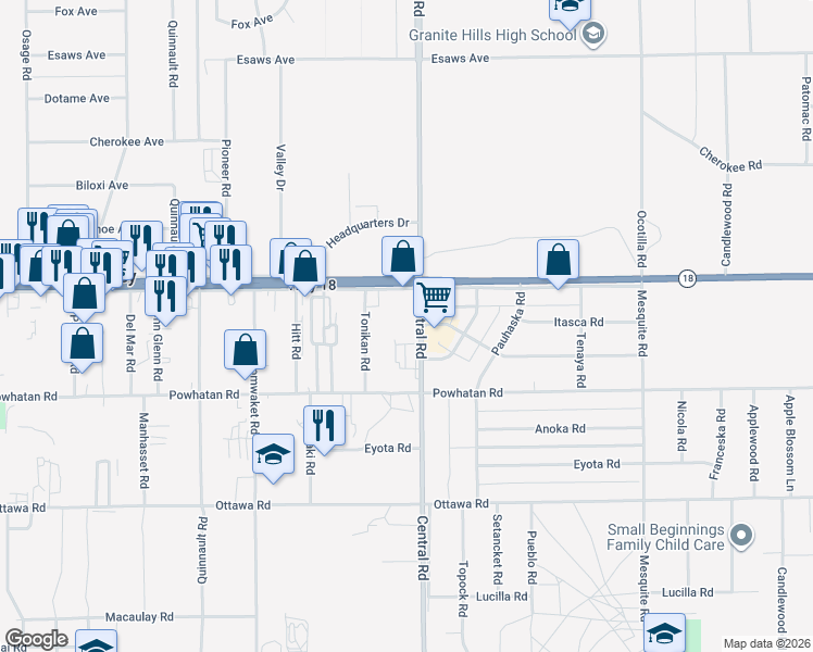 map of restaurants, bars, coffee shops, grocery stores, and more near 13584 Central Road in Apple Valley
