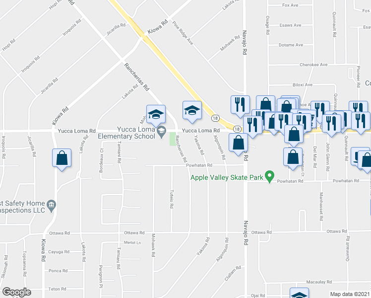 map of restaurants, bars, coffee shops, grocery stores, and more near 13548 Rancherias Road in Apple Valley