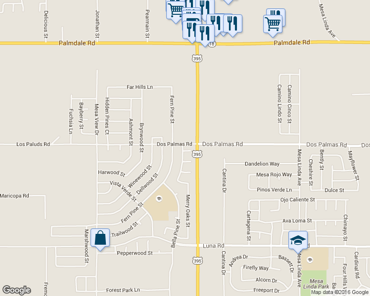 map of restaurants, bars, coffee shops, grocery stores, and more near 12058 White Oak Court in Victorville