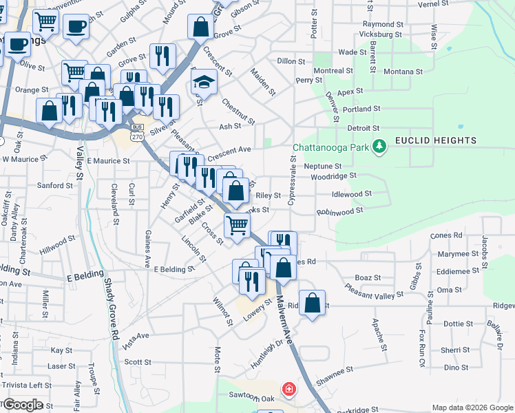 map of restaurants, bars, coffee shops, grocery stores, and more near 1425 Malvern Avenue in Hot Springs