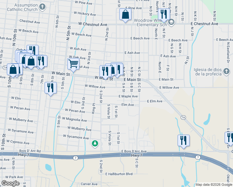 map of restaurants, bars, coffee shops, grocery stores, and more near 2 West Maple Avenue in Duncan