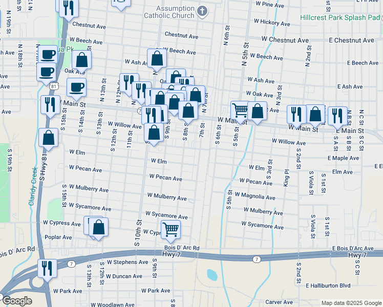 map of restaurants, bars, coffee shops, grocery stores, and more near 701-799 West Elm Avenue in Duncan
