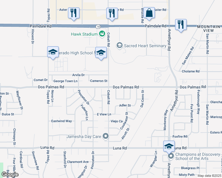 map of restaurants, bars, coffee shops, grocery stores, and more near 13691 Cobalt Road in Victorville