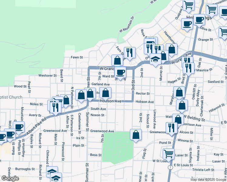 map of restaurants, bars, coffee shops, grocery stores, and more near 602 Rector Street in Hot Springs