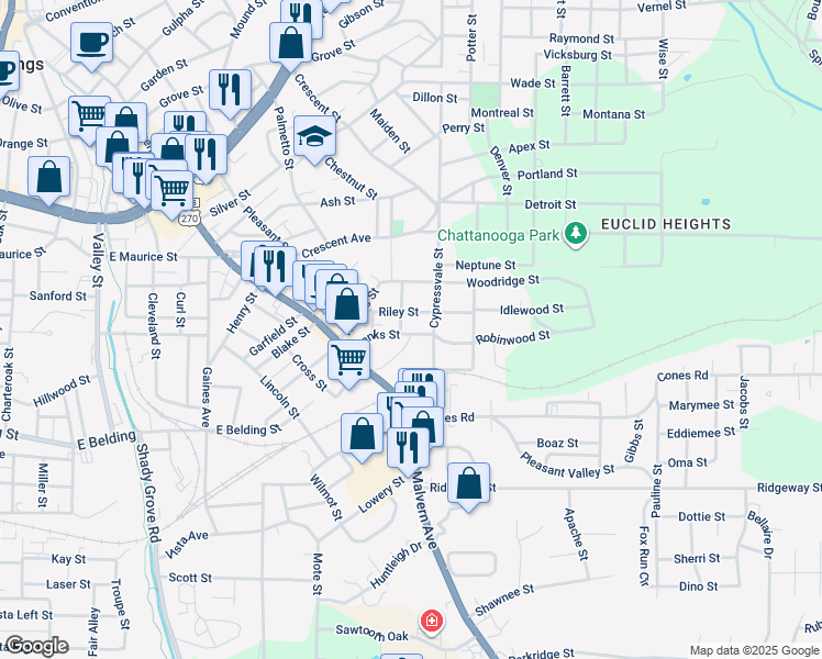 map of restaurants, bars, coffee shops, grocery stores, and more near 1425 Malvern Avenue in Hot Springs