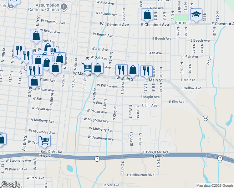 map of restaurants, bars, coffee shops, grocery stores, and more near 201 West Elm in Duncan