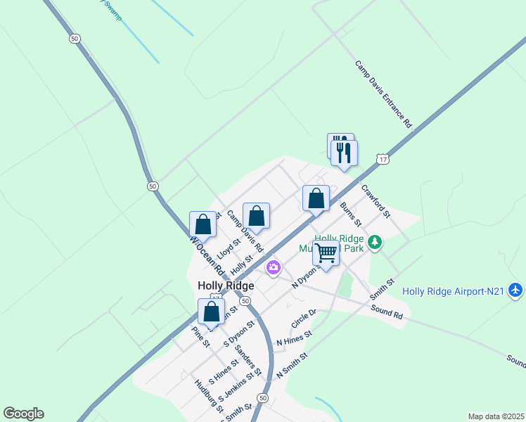map of restaurants, bars, coffee shops, grocery stores, and more near 223 Lloyd Street in Holly Ridge